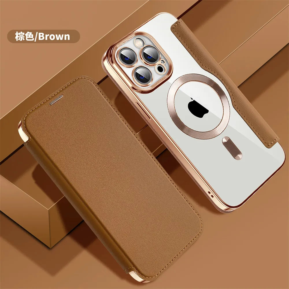 Premium Flip-Lederhülle mit Kartensteckplatz und Kartenhalter Geldbörse, Magnetische & Stoßfeste iPhone Hülle | Flip-Cover Stand Case für Apple iPhone 16/15/14/13/12 Pro Max Plus Mini Cover - Vielseitige Schutzhülle