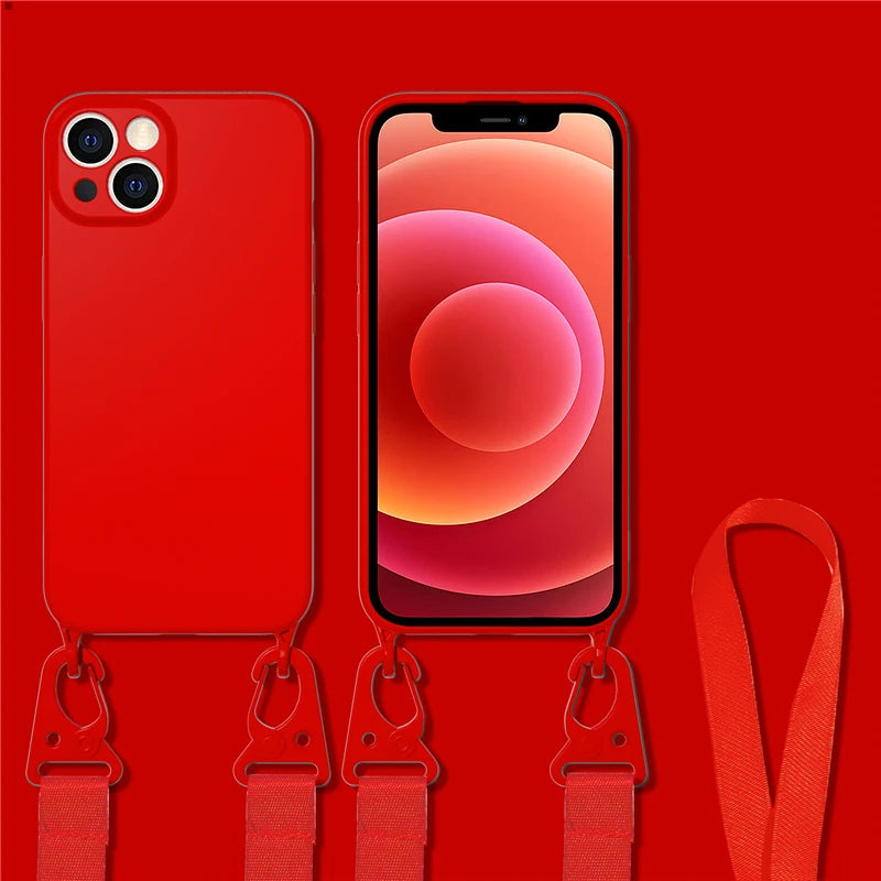 Hochwertige Crossbody-Halskettenriemen Lanyard Weiche Silikon iPhone Hülle | MagSafe Case, Kameralinsenschutzabdeckung für Apple iPhone 17/17 Air, 16/16e, 15, 14, 13 Pro Max Plus Cover – Umhängeband, Schulterriemen, Kartenhalter | Premium Schutzhülle