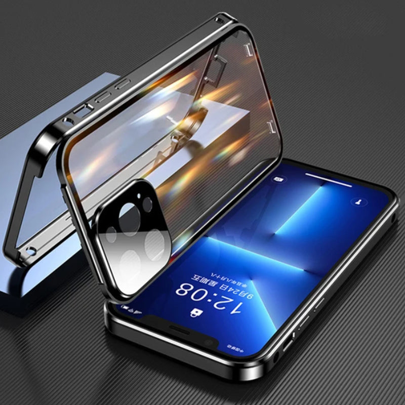 Hochwertige iPhone Hülle mit 360° Vollversiegeltem Schutz aus Glas und Metall | MagSafe-kompatible Schutzhülle mit Rundumschutz, Kameralinsenschutz für Apple iPhone 16/16e, 15, 14, 13, 12 Pro Max, Pro, Plus, Mini Cover | Panzertasche Stoßstangenabdeckung