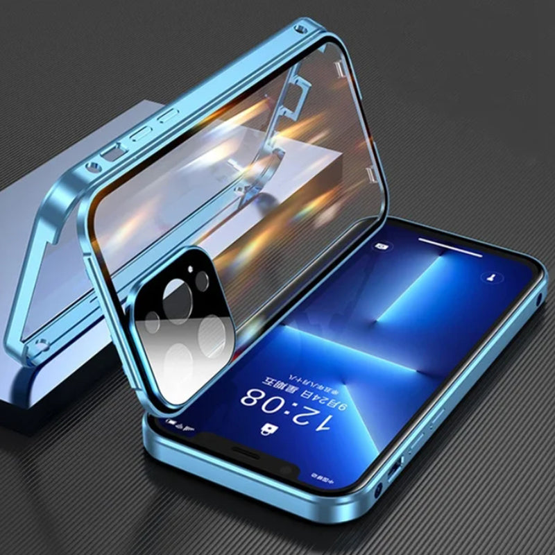 Hochwertige iPhone Hülle mit 360° Vollversiegeltem Schutz aus Glas und Metall | MagSafe-kompatible Schutzhülle mit Rundumschutz, Kameralinsenschutz für Apple iPhone 16/16e, 15, 14, 13, 12 Pro Max, Pro, Plus, Mini Cover | Panzertasche Stoßstangenabdeckung