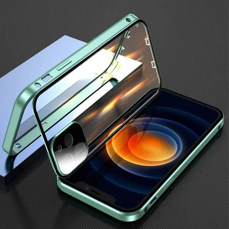 Hochwertige iPhone Hülle mit 360° Vollversiegeltem Schutz aus Glas und Metall | MagSafe-kompatible Schutzhülle mit Rundumschutz, Kameralinsenschutz für Apple iPhone 16/16e, 15, 14, 13, 12 Pro Max, Pro, Plus, Mini Cover | Panzertasche Stoßstangenabdeckung