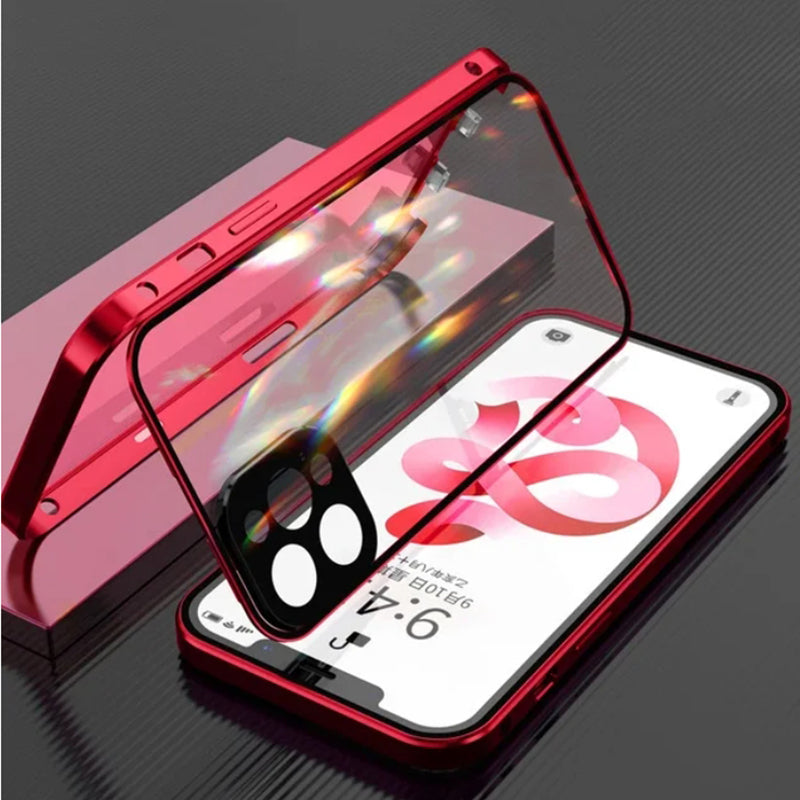 Hochwertige iPhone Hülle mit 360° Vollversiegeltem Schutz aus Glas und Metall | MagSafe-kompatible Schutzhülle mit Rundumschutz, Kameralinsenschutz für Apple iPhone 16/16e, 15, 14, 13, 12 Pro Max, Pro, Plus, Mini Cover | Panzertasche Stoßstangenabdeckung