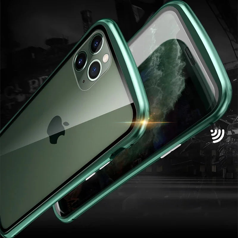 Hochwertige iPhone Hülle: Metallrahmen und doppelseitigem Glas | MagSafe-kompatible, Magnetische Adsorption, 360° Vollschutz Case | Stoßfest Glasobjektiv-Kameraschutz Panzer-Schutzhülle | Apple iPhone 16/16e, 15, 14, 13, 12 Pro Max, Pro, Plus & Mini Cover