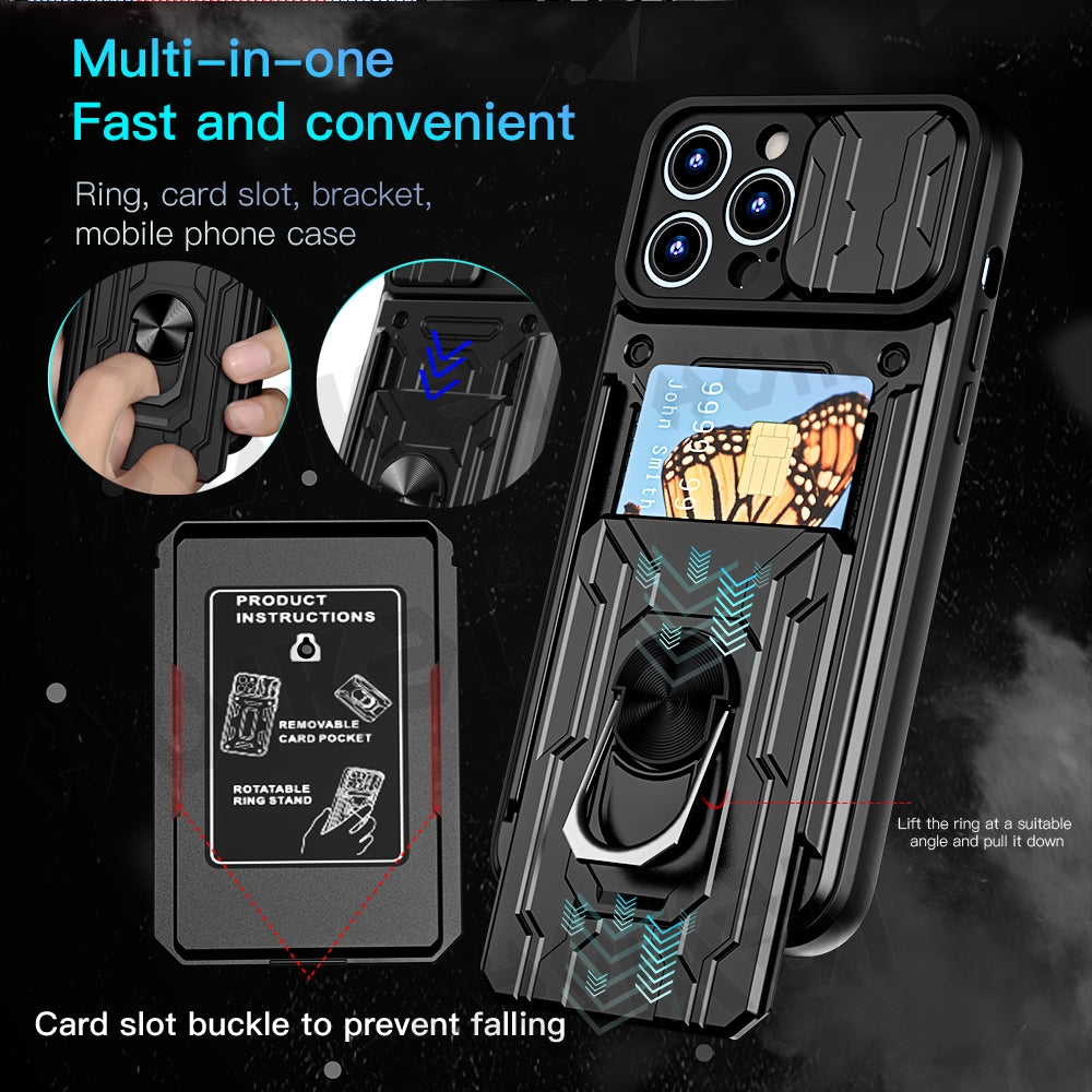 Hochwertiges Flüssige Silikon-Kartenhalterung Ring Magnetständer iPhone Hülle | MagSafe Case mit Rundumschutz und Kameralinsenschutzabdeckung für Apple iPhone 16/15/14/13/12 Pro Max Plus Mini Cover | Panzertasche Handyhülle | Premium Wallet Schutzhülle