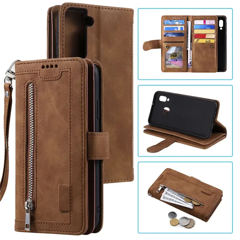 Hochwertige Leder-Handyhülle mit Reißverschluss, Kartenhalter, Stand und Riemen iPhone Hülle | Flip-Cover Case für Apple iPhone 16/16e, 15, 14, 13, 12 Pro Max, Pro, Plus & Mini - Vielseitige Schutzhülle