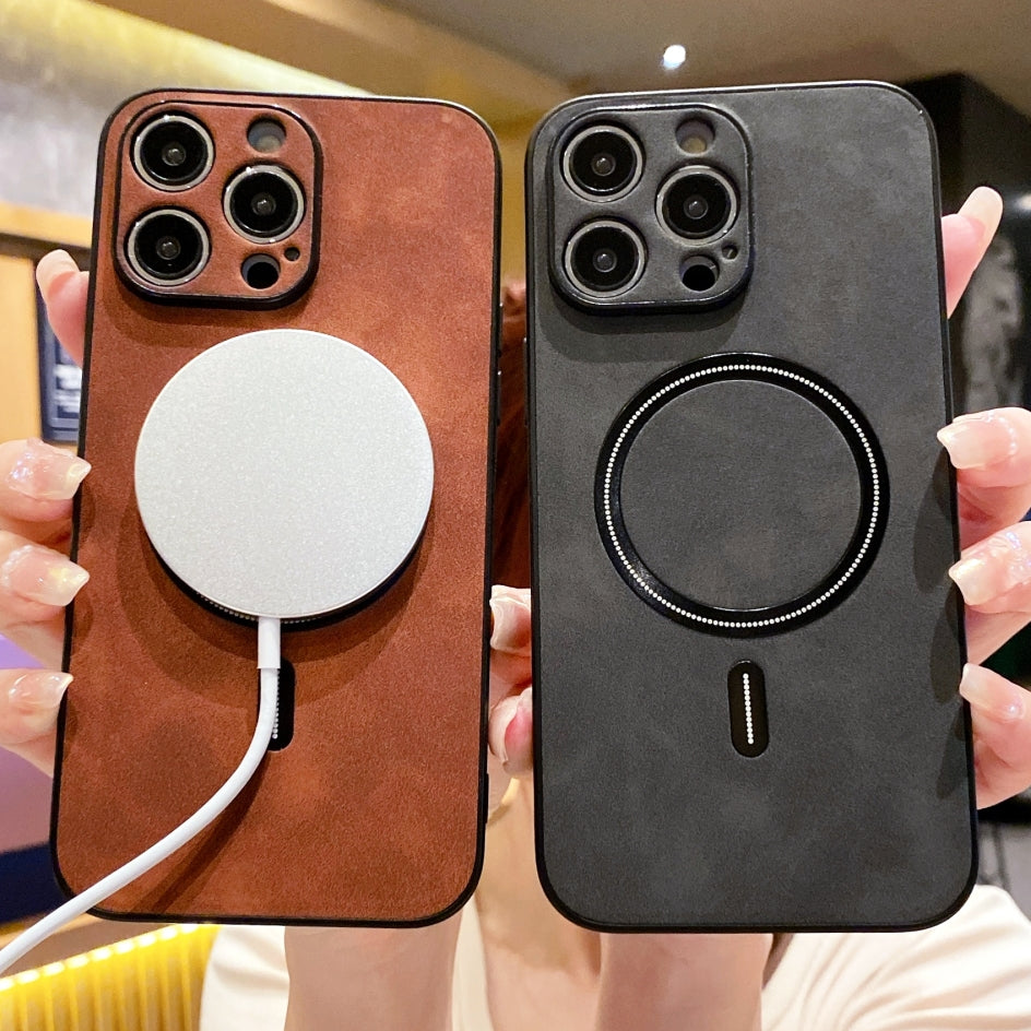 Hochwertige Leder MagSafe Case: Magnetische iPhone-Hülle | Stoßfestes Cover mit Kameraschutzabdeckung – Panzertasche für Apple iPhone 16/15/14/13/12 Pro Max Plus Mini | Luxus Handyhülle