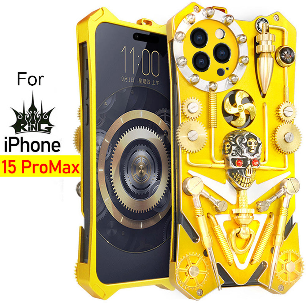 Premium Mechanisches Gaming-Design: Stoßfeste Metall-Handyhülle mit Zahnrad, Ständer und MagSafe | Aluminium-Kühlung, Schädel-Kompass-Abdeckung für Apple iPhone 16/15/14/13/12 Pro Max, Pro, Plus, e & Mini | MagSafe Case, Rundumschutz & Kameralinsenschutz