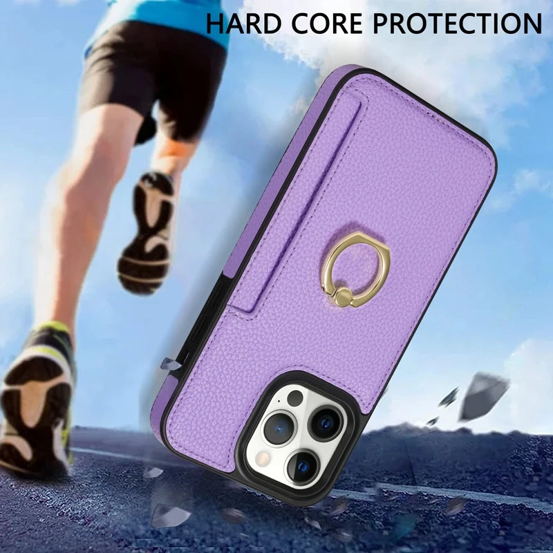Hochwertiges Kartenfach Leder Brieftasche, Ringhalter und Ständer iPhone Hülle | MagSafe Case, Rundumschutz, Kameralinsenschutzabdeckung für Apple iPhone 16/16e, 15, 14, 13, 12 Pro Max, Pro, Plus, Mini | Panzer Handyhülle Wallet Geldbörse Schutzhülle
