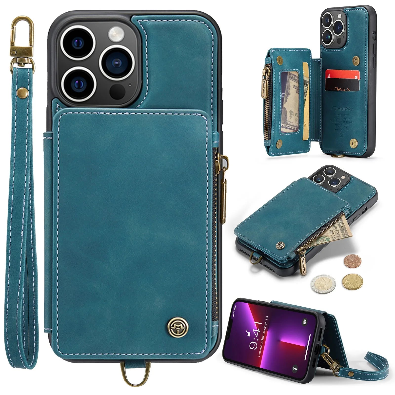 Hochwertige Leder-Brieftasche mit Kartenfach, Portmonee und Ständer iPhone-Hülle | MagSafe Case, Rundumschutz, Kameralinsenschutzabdeckung für Apple iPhone 16/15/14/13/12 Pro Max Plus Mini Cover | Panzertasche Handyhülle | Wallet & Geldbörse Schutzhülle