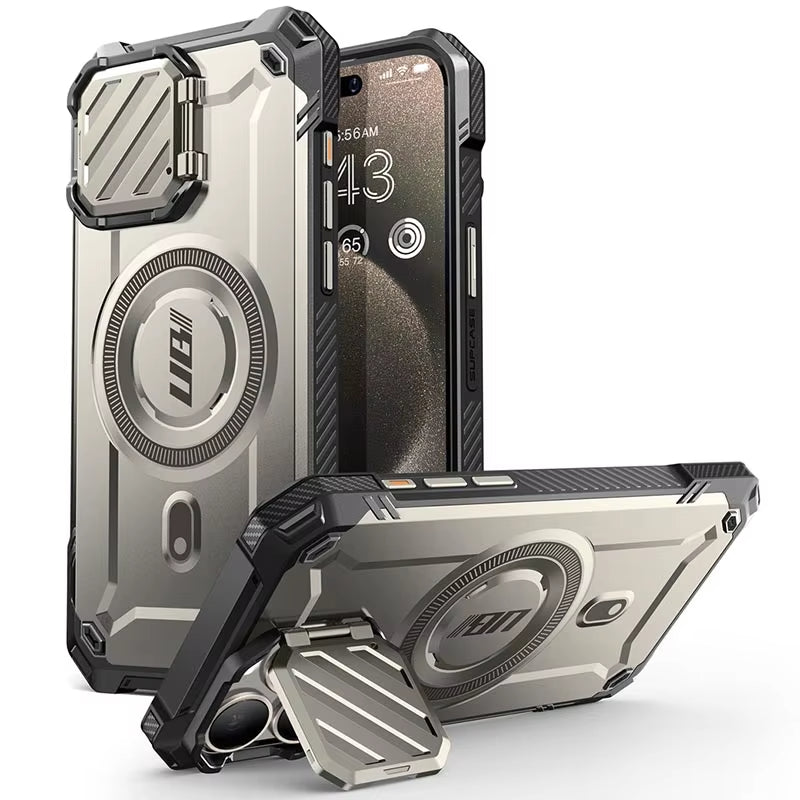 Hochwertiger Militärpanzer-Schutz mit Kameralinsenschutzabdeckung und integriertem Kameraständer iPhone-Hülle | MagSafe Case Rundum-Schutz & Kickstand für Apple iPhone 16/15/14/13/12 Pro Max Plus Mini Cover | Panzertasche Handyhülle