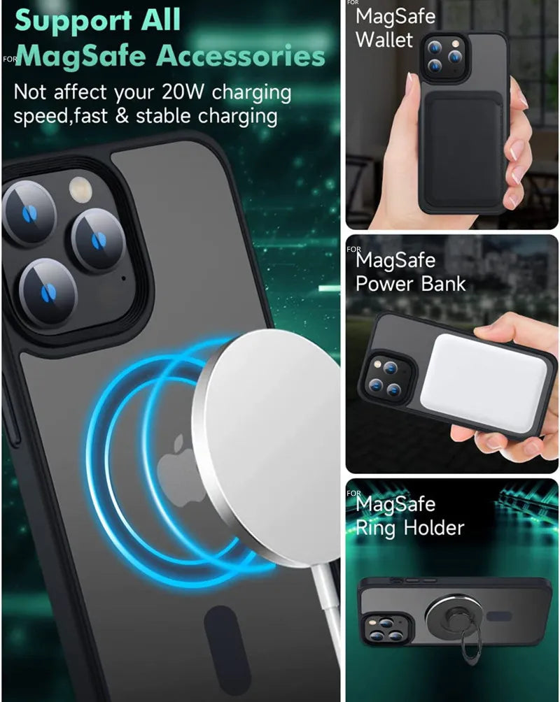 Premium iPhone Hülle Klar HD | Magnetische MagSafe & Kabelloses Laden | Stoßfeste Transparente Hybrid Rüstung mit Kameraobjektiv-Schutz für Apple iPhone 16/16e, 15, 14, 13, 12 Pro Max, Pro, Plus & Mini