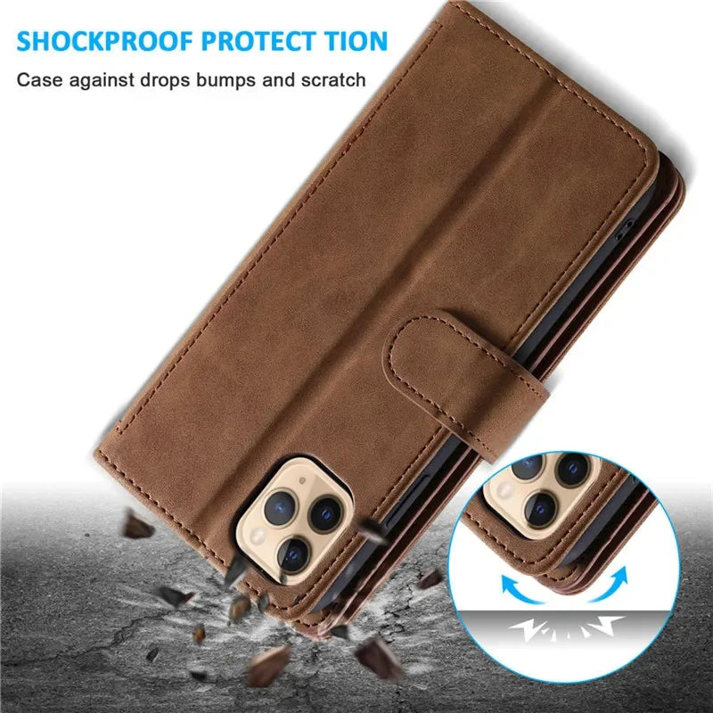 Hochwertige Leder-Handyhülle mit Reißverschluss, Kartenhalter, Stand und Riemen iPhone Hülle | Flip-Cover Case für Apple iPhone 16/16e, 15, 14, 13, 12 Pro Max, Pro, Plus & Mini - Vielseitige Schutzhülle