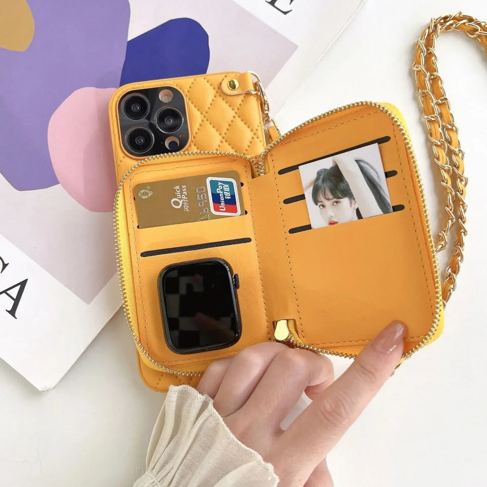 Luxus Leder Geldbörse mit Reißverschluss Crossbody Lanyard iPhone Hülle | MagSafe Case mit Kameralinsenschutzabdeckung für Apple iPhone 16/15/14/13/12 Pro Max Plus Mini Cover – Umhängeband, Schulterriemen, Kartenhalter Handyhülle | Premium Schutzhülle