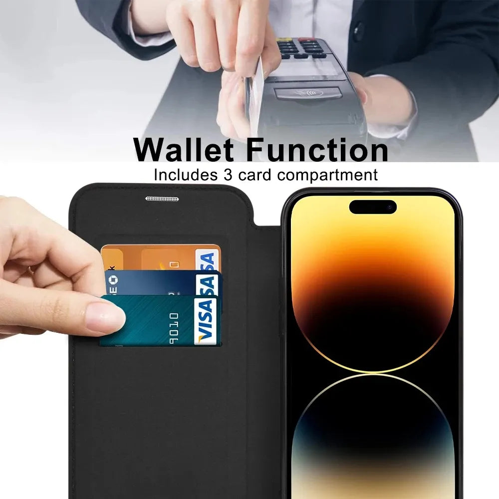 Premium Flip-Lederhülle mit Kartensteckplatz und Kartenhalter Geldbörse, Magnetische & Stoßfeste iPhone Hülle | Flip-Cover Stand Case für Apple iPhone 16/15/14/13/12 Pro Max Plus Mini Cover - Vielseitige Schutzhülle