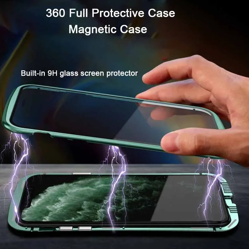 Hochwertige iPhone Hülle: Metallrahmen und doppelseitigem Glas | MagSafe-kompatible, Magnetische Adsorption, 360° Vollschutz Case | Stoßfest Glasobjektiv-Kameraschutz Panzer-Schutzhülle | Apple iPhone 16/16e, 15, 14, 13, 12 Pro Max, Pro, Plus & Mini Cover