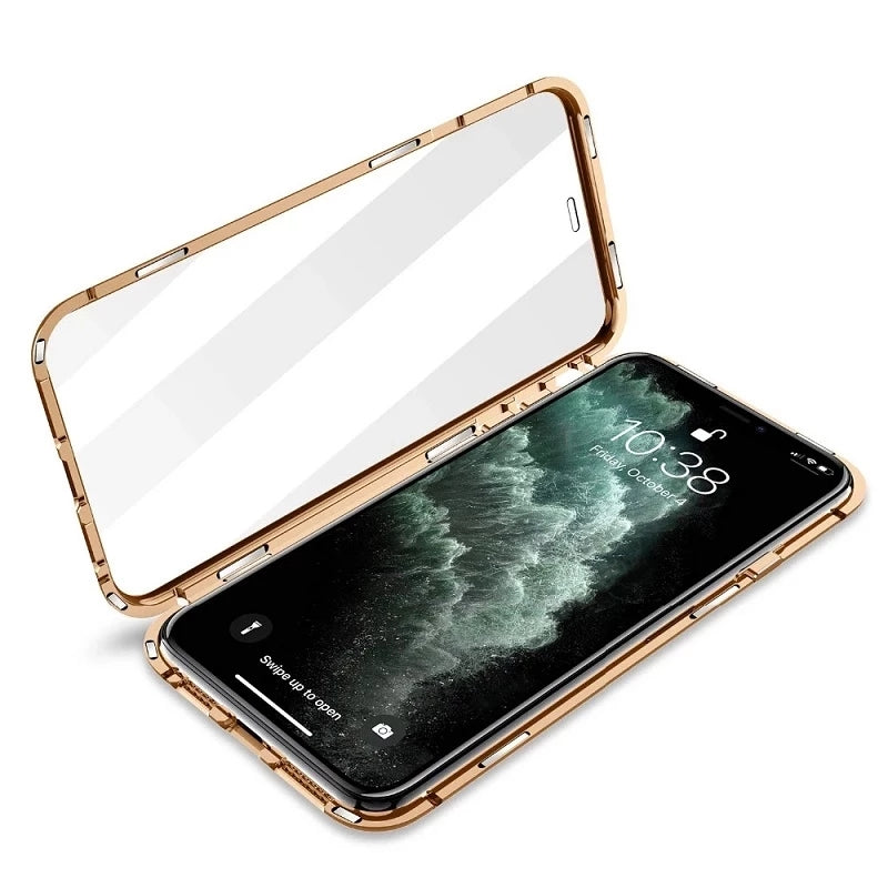 Hochwertige iPhone Hülle: Metallrahmen und doppelseitigem Glas | MagSafe-kompatible, Magnetische Adsorption, 360° Vollschutz Case | Stoßfest Glasobjektiv-Kameraschutz Panzer-Schutzhülle | Apple iPhone 16/16e, 15, 14, 13, 12 Pro Max, Pro, Plus & Mini Cover