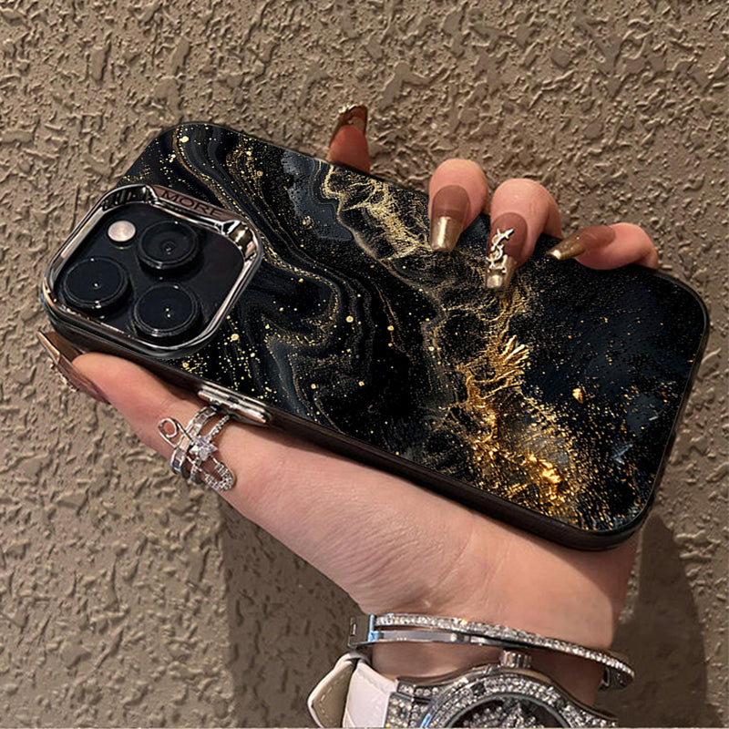 Luxus Schwarzer Marmor iPhone Hülle mit goldenem Rand: Kamera Schutz, Langlebige Abdeckung, MagSafe-kompatibel Apple iPhone 17/17 Air, 16/16e, 15, 14, 13 Pro Max Plus Cover: 3D-Textur, verbesserten Griff | Rundumschutz Kameralinsenschutz Panzertasche