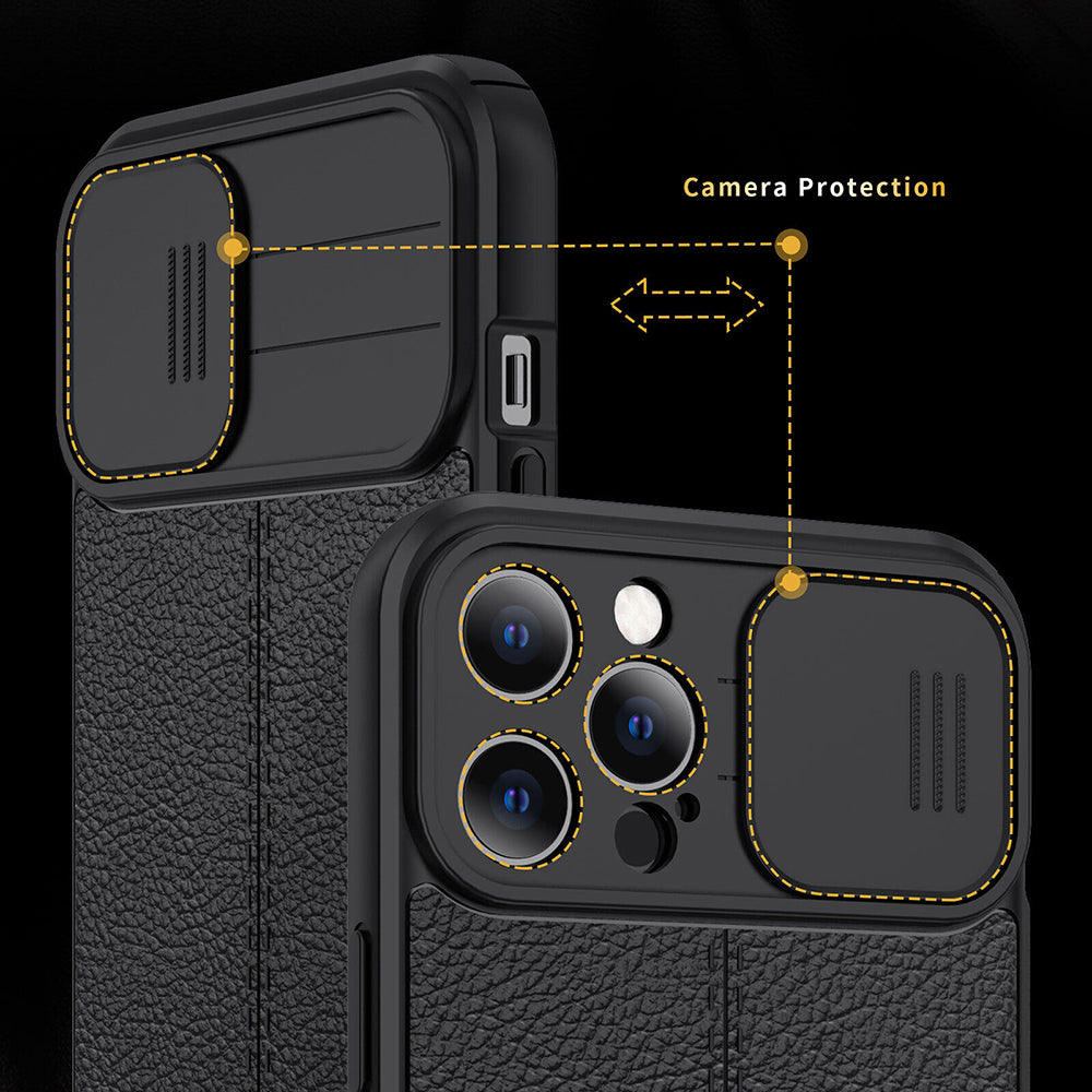 Hochwertiges Kamera Slider Objektiv mit luxuriöser Leder Textur iPhone Hülle | MagSafe Case mit Rundumschutz und Kameralinsenschutzabdeckung für Apple iPhone 17/17 Air, 16/16e, 15, 14, 13 Pro Max Plus Cover | Panzertasche Handyhülle | Premium Schutzhülle