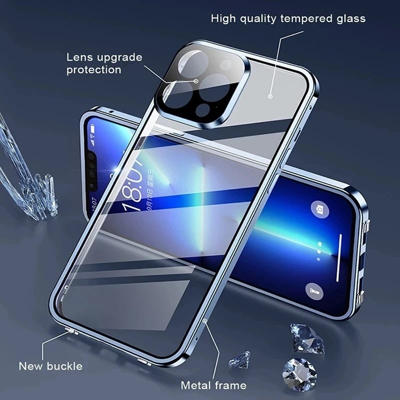 Hochwertige iPhone Hülle mit 360° Vollversiegeltem Schutz aus Glas und Metall | MagSafe-kompatible Schutzhülle mit Rundumschutz, Kameralinsenschutz für Apple iPhone 16/16e, 15, 14, 13, 12 Pro Max, Pro, Plus, Mini Cover | Panzertasche Stoßstangenabdeckung