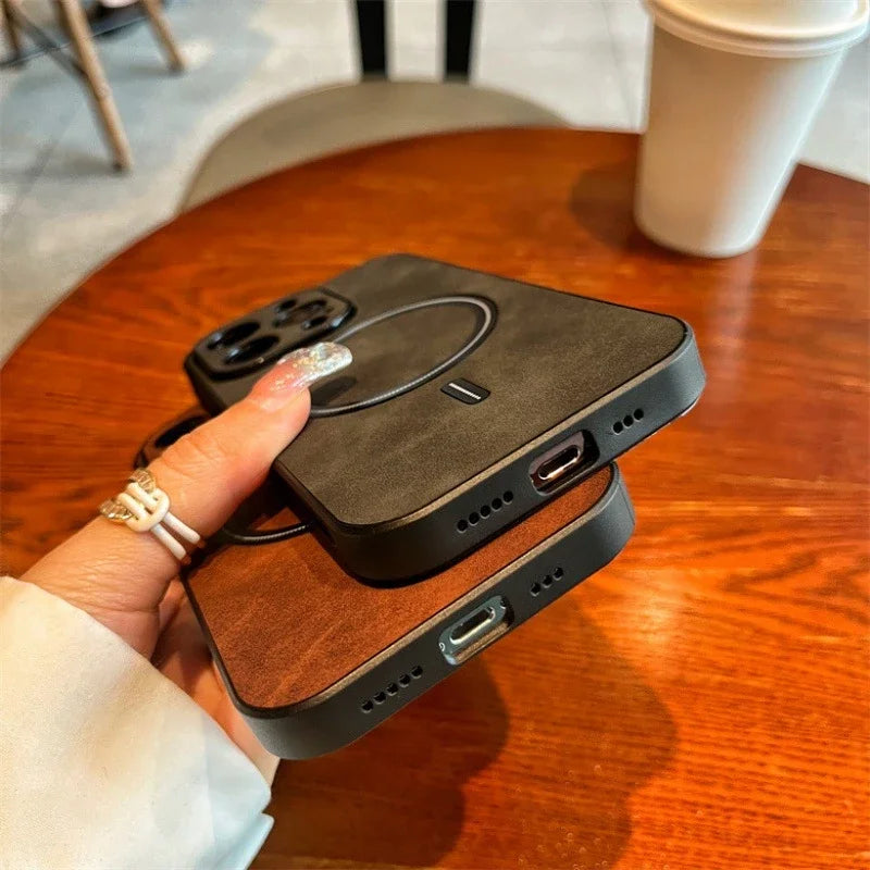 Hochwertige Leder MagSafe Case: Magnetische iPhone-Hülle | Stoßfestes Cover mit Kameraschutzabdeckung – Panzertasche für Apple iPhone 16/15/14/13/12 Pro Max Plus Mini | Luxus Handyhülle