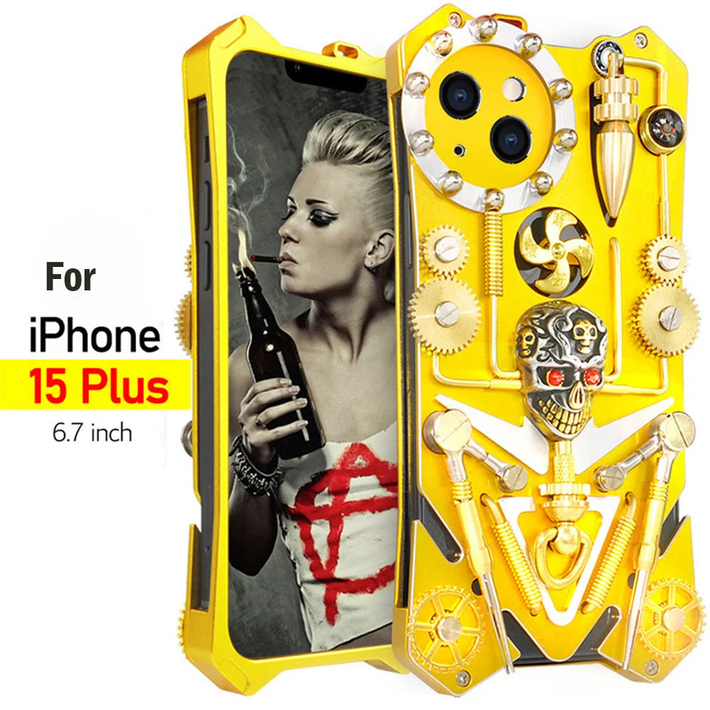 Premium Mechanisches Gaming-Design: Stoßfeste Metall-Handyhülle mit Zahnrad, Ständer und MagSafe | Aluminium-Kühlung, Schädel-Kompass-Abdeckung für Apple iPhone 16/15/14/13/12 Pro Max, Pro, Plus, e & Mini | MagSafe Case, Rundumschutz & Kameralinsenschutz