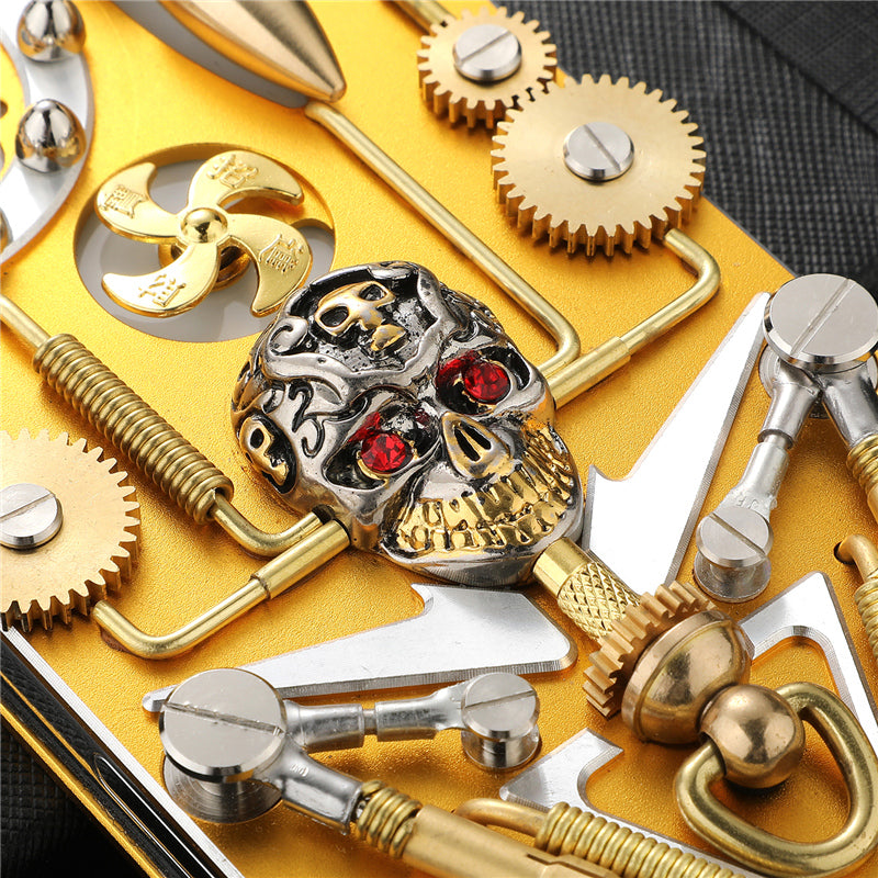Premium Mechanisches Gaming-Design: Stoßfeste Metall-Handyhülle mit Zahnrad, Ständer und MagSafe | Aluminium-Kühlung, Schädel-Kompass-Abdeckung für Apple iPhone 16/15/14/13/12 Pro Max, Pro, Plus, e & Mini | MagSafe Case, Rundumschutz & Kameralinsenschutz