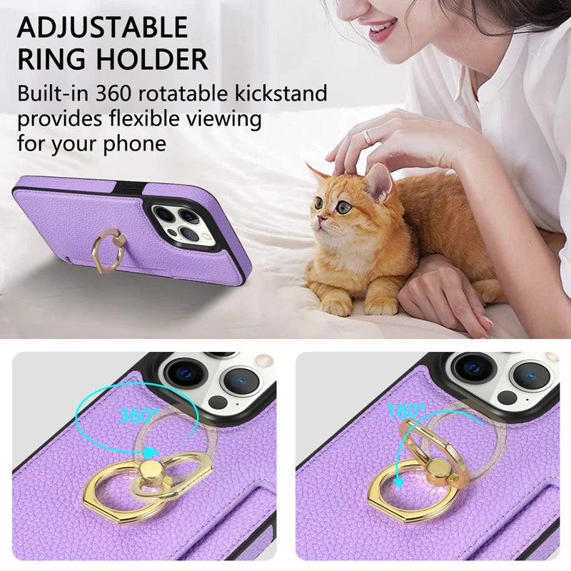 Hochwertiges Kartenfach Leder Brieftasche, Ringhalter und Ständer iPhone Hülle | MagSafe Case, Rundumschutz, Kameralinsenschutzabdeckung für Apple iPhone 16/16e, 15, 14, 13, 12 Pro Max, Pro, Plus, Mini | Panzer Handyhülle Wallet Geldbörse Schutzhülle