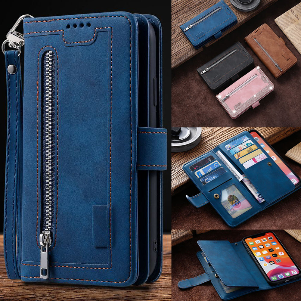Hochwertige Leder-Handyhülle mit Reißverschluss, Kartenhalter, Stand und Riemen iPhone Hülle | Flip-Cover Case für Apple iPhone 16/16e, 15, 14, 13, 12 Pro Max, Pro, Plus & Mini - Vielseitige Schutzhülle