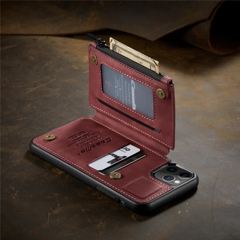 Hochwertige Leder-Brieftasche mit Kartenfach, Portmonee und Ständer iPhone-Hülle | MagSafe Case, Rundumschutz, Kameralinsenschutzabdeckung für Apple iPhone 16/15/14/13/12 Pro Max Plus Mini Cover | Panzertasche Handyhülle | Wallet & Geldbörse Schutzhülle