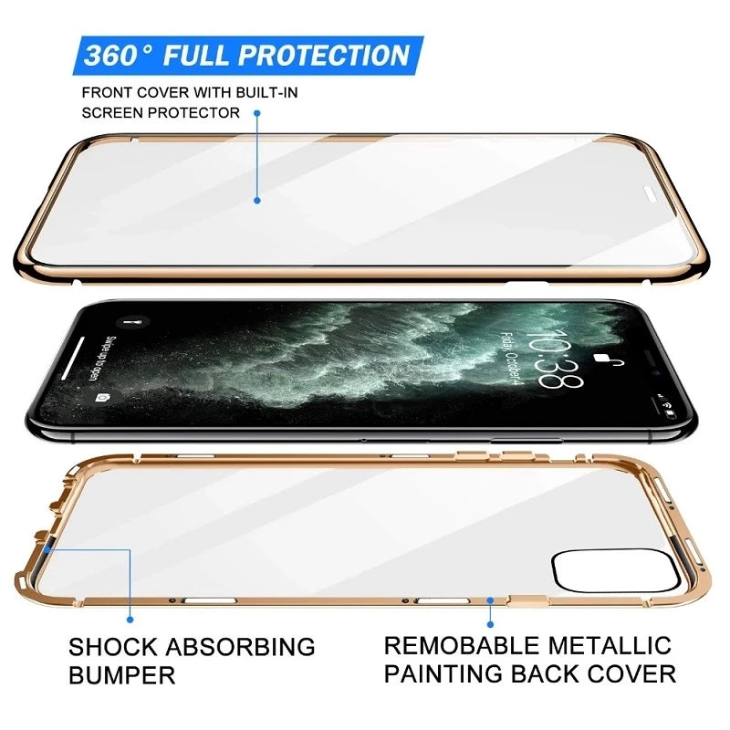 Hochwertige iPhone Hülle: Metallrahmen und doppelseitigem Glas | MagSafe-kompatible, Magnetische Adsorption, 360° Vollschutz Case | Stoßfest Glasobjektiv-Kameraschutz Panzer-Schutzhülle | Apple iPhone 16/16e, 15, 14, 13, 12 Pro Max, Pro, Plus & Mini Cover