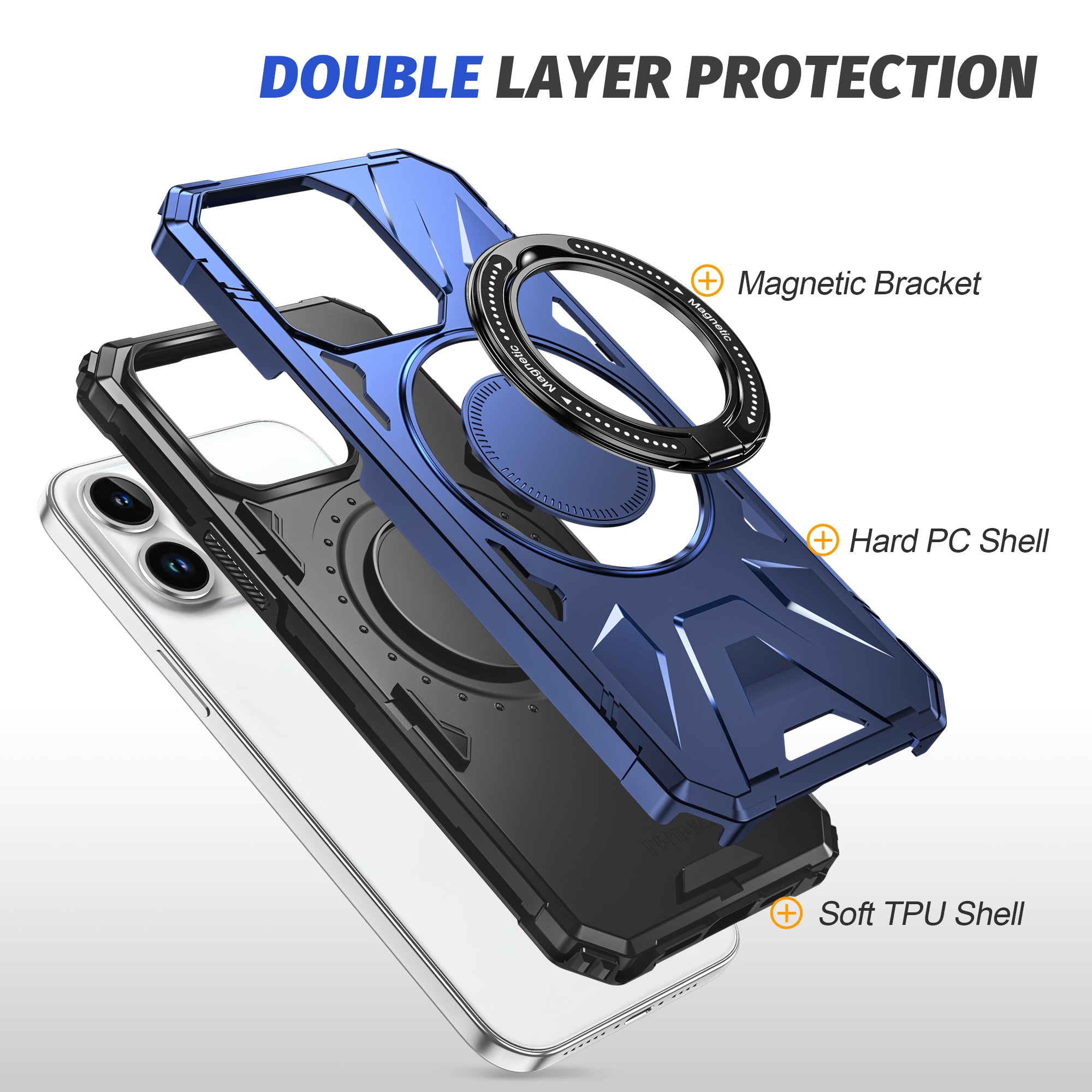 Hochwertige Militärpanzer-iPhone-Hülle, 360-Grad drehbarem Ringständer Halterung | MagSafe Case, Kameraschutzabdeckung für Apple iPhone 16/15/14/13/12 Pro Max Plus Mini Cover | Magnetisches kabelloses Laden, Harte PC-Panzertasche, stoßfeste Handyhülle