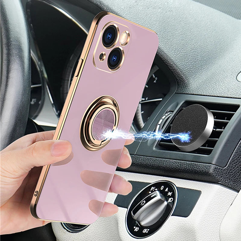 Luxus Silikon Magnetische Ringhalter und Ständer iPhone Hülle | MagSafe Case, Rundumschutz, Kameralinsenschutzabdeckung für Apple iPhone 17/17 Air, 16/16e, 15, 14, 13 Pro Max Plus Cover | Panzertasche, Stoßstangenabdeckung Handyhülle | Premium Schutzhülle