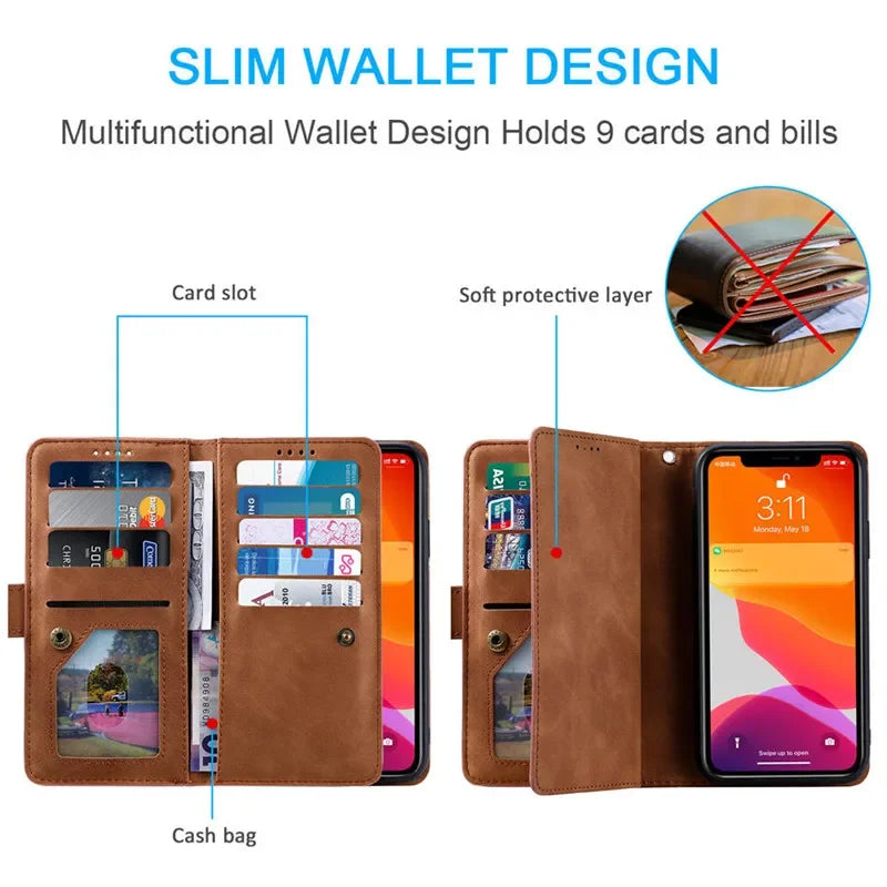 Hochwertige Leder-Handyhülle mit Reißverschluss, Kartenhalter, Stand und Riemen iPhone Hülle | Flip-Cover Case für Apple iPhone 16/16e, 15, 14, 13, 12 Pro Max, Pro, Plus & Mini - Vielseitige Schutzhülle