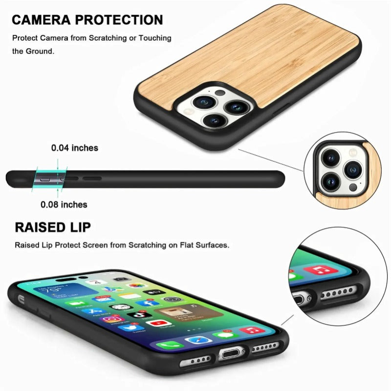 Premium Massivholz-Bambus stoßfeste Hardcover Luxus-iPhone-Hülle | MagSafe-Case, Rundumschutz & Kameralinsenschutz für Apple iPhone 16/16e, 15, 14, 13, 12 Pro Max, Pro, Plus & Mini Cover | Panzertasche & Stoßstangenabdeckung Handy-Schutzhülle
