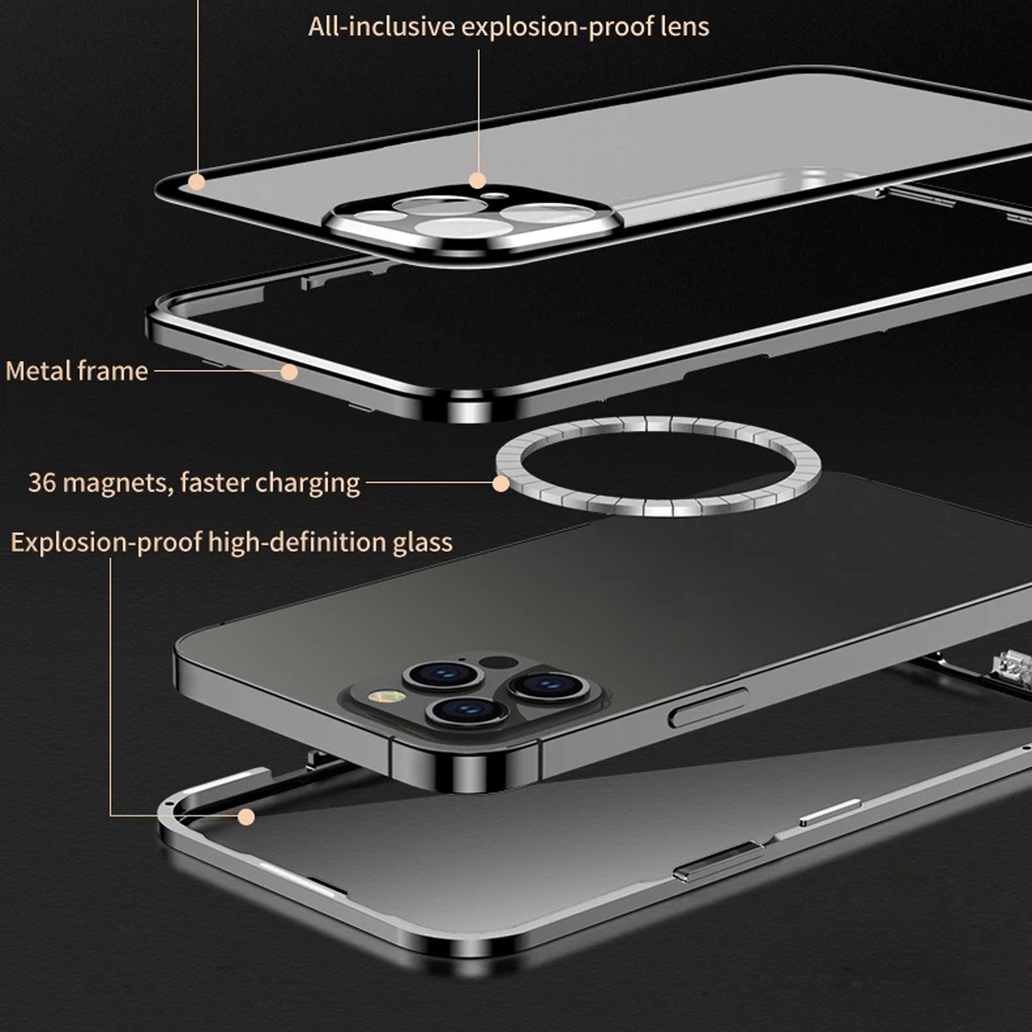 Hochwertige iPhone Hülle mit 360° Vollversiegeltem Schutz aus Glas und Metall | MagSafe-kompatible Schutzhülle mit Rundumschutz, Kameralinsenschutz für Apple iPhone 16/16e, 15, 14, 13, 12 Pro Max, Pro, Plus, Mini Cover | Panzertasche Stoßstangenabdeckung