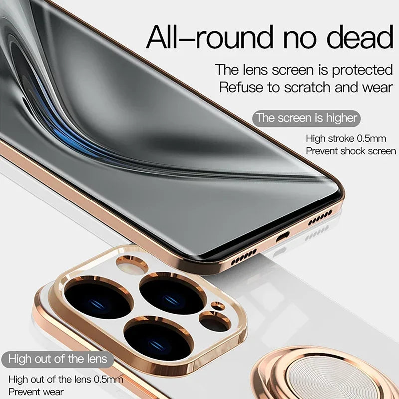 Luxus Silikon Magnetische Ringhalter und Ständer iPhone Hülle | MagSafe Case, Rundumschutz, Kameralinsenschutzabdeckung für Apple iPhone 17/17 Air, 16/16e, 15, 14, 13 Pro Max Plus Cover | Panzertasche, Stoßstangenabdeckung Handyhülle | Premium Schutzhülle