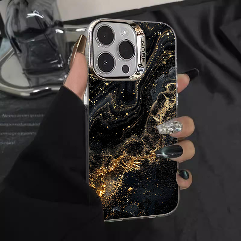 Luxus Schwarzer Marmor iPhone Hülle mit goldenem Rand: Kamera Schutz, Langlebige Abdeckung, MagSafe-kompatibel Apple iPhone 17/17 Air, 16/16e, 15, 14, 13 Pro Max Plus Cover: 3D-Textur, verbesserten Griff | Rundumschutz Kameralinsenschutz Panzertasche
