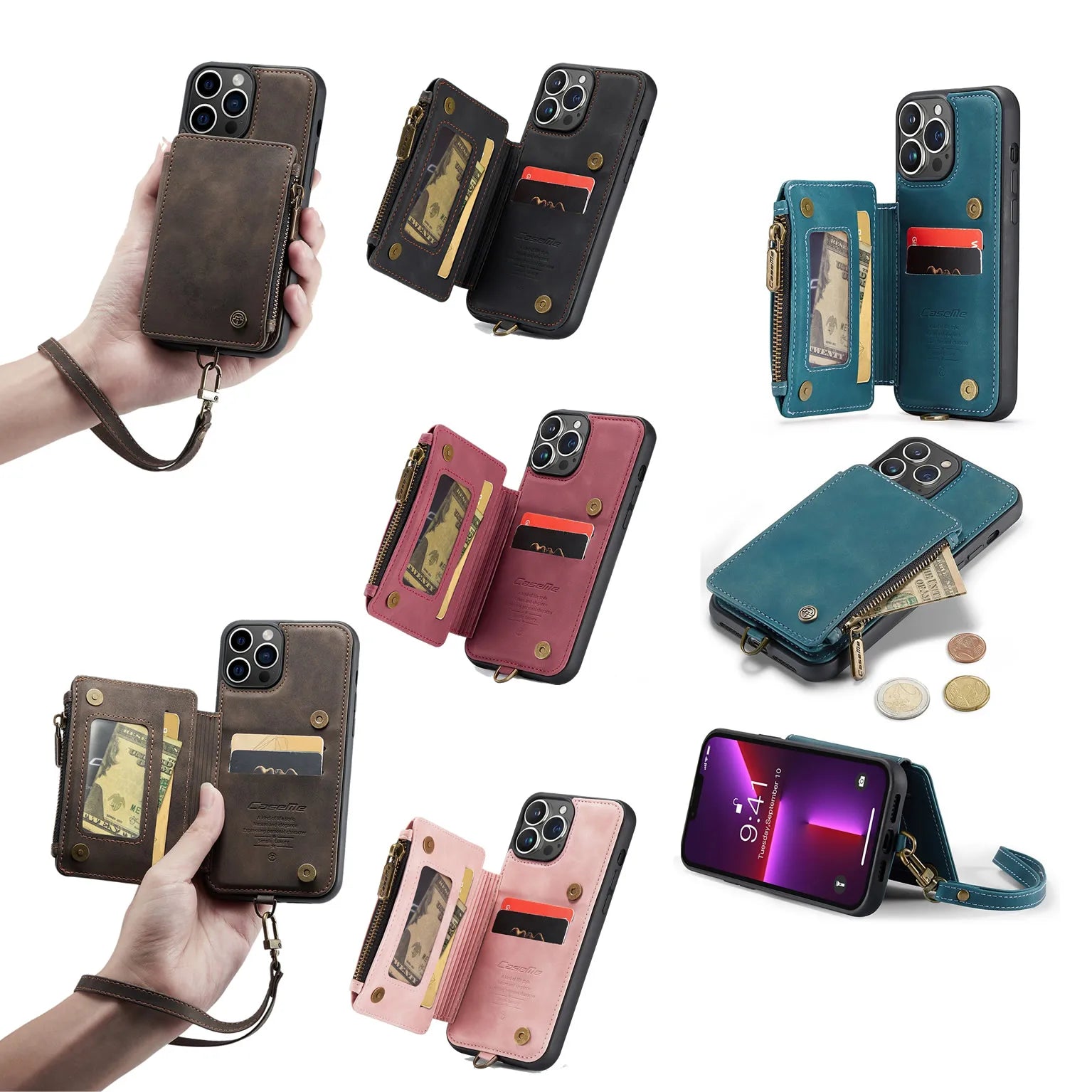 Hochwertige Leder-Brieftasche mit Kartenfach, Portmonee und Ständer iPhone-Hülle | MagSafe Case, Rundumschutz, Kameralinsenschutzabdeckung für Apple iPhone 16/15/14/13/12 Pro Max Plus Mini Cover | Panzertasche Handyhülle | Wallet & Geldbörse Schutzhülle