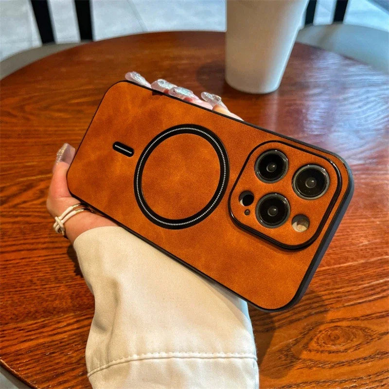 Hochwertige Leder MagSafe Case: Magnetische iPhone-Hülle | Stoßfestes Cover mit Kameraschutzabdeckung – Panzertasche für Apple iPhone 16/15/14/13/12 Pro Max Plus Mini | Luxus Handyhülle