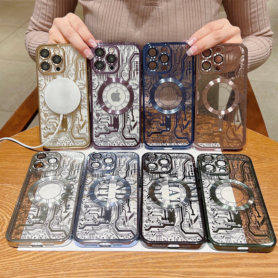 Premium Mechanische Uhr Textur Design Magnetische MagSafe Transparente iPhone-Hülle | Rundumschutz & Kameralinsenschutz Case für Apple iPhone 16/15/14/13/12 Pro Max, Pro, Plus, e & Mini Cover | Stoßfeste Handyhülle mit Panzertasche & Stoßstangenabdeckung
