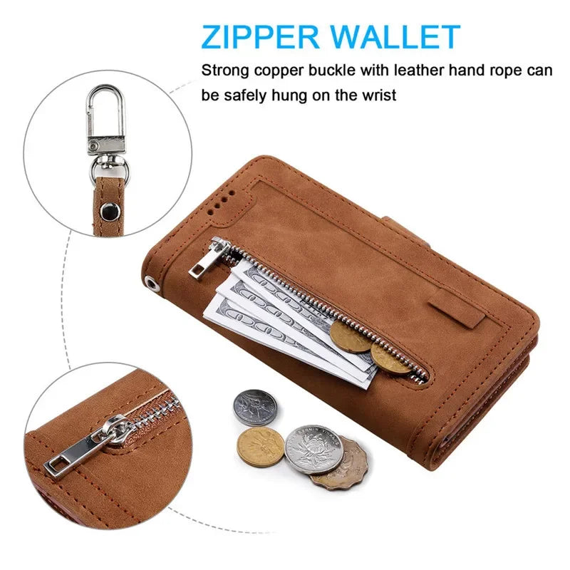 Hochwertige Leder-Handyhülle mit Reißverschluss, Kartenhalter, Stand und Riemen iPhone Hülle | Flip-Cover Case für Apple iPhone 16/16e, 15, 14, 13, 12 Pro Max, Pro, Plus & Mini - Vielseitige Schutzhülle