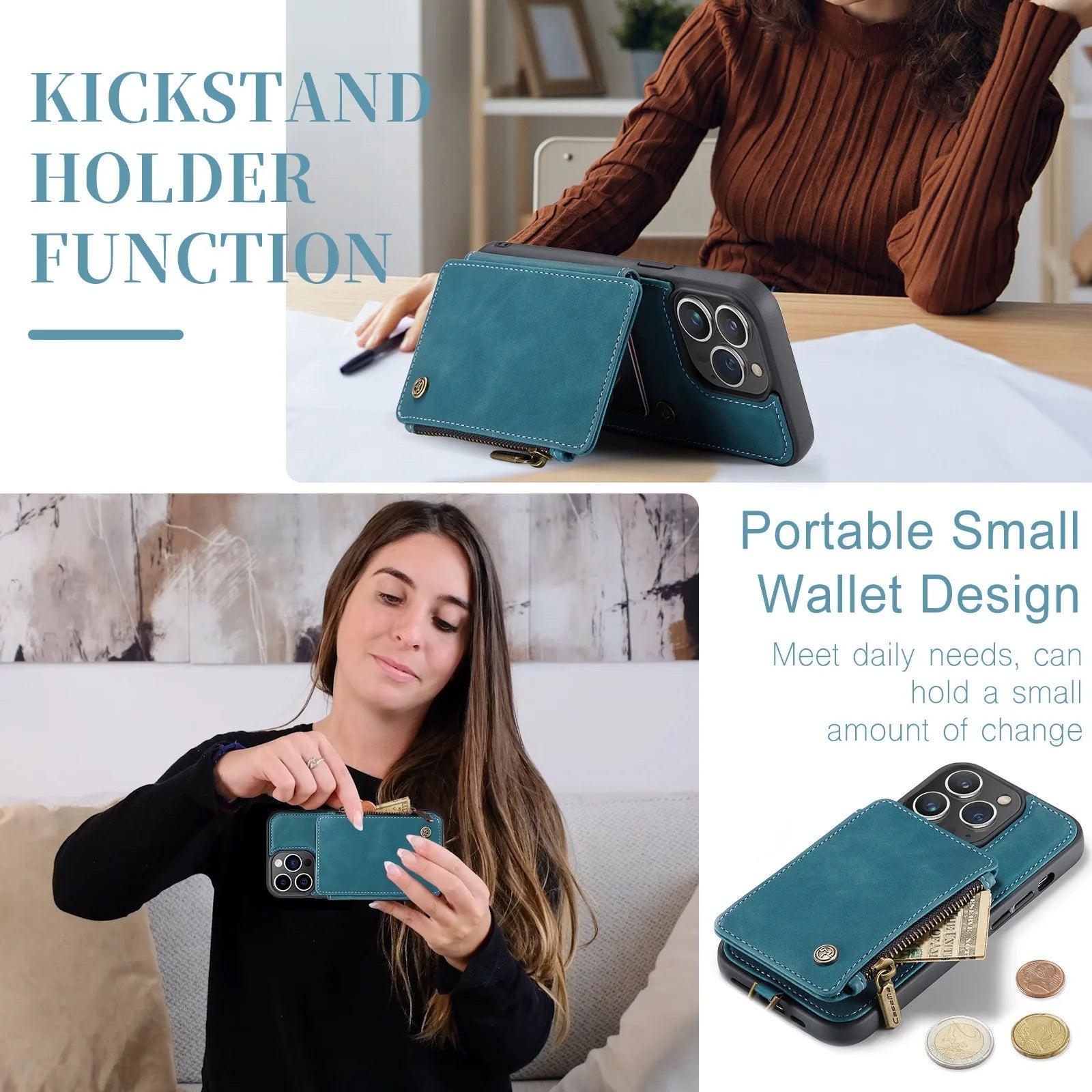 Hochwertige Leder-Brieftasche mit Kartenfach, Portmonee und Ständer iPhone-Hülle | MagSafe Case, Rundumschutz, Kameralinsenschutzabdeckung für Apple iPhone 16/15/14/13/12 Pro Max Plus Mini Cover | Panzertasche Handyhülle | Wallet & Geldbörse Schutzhülle