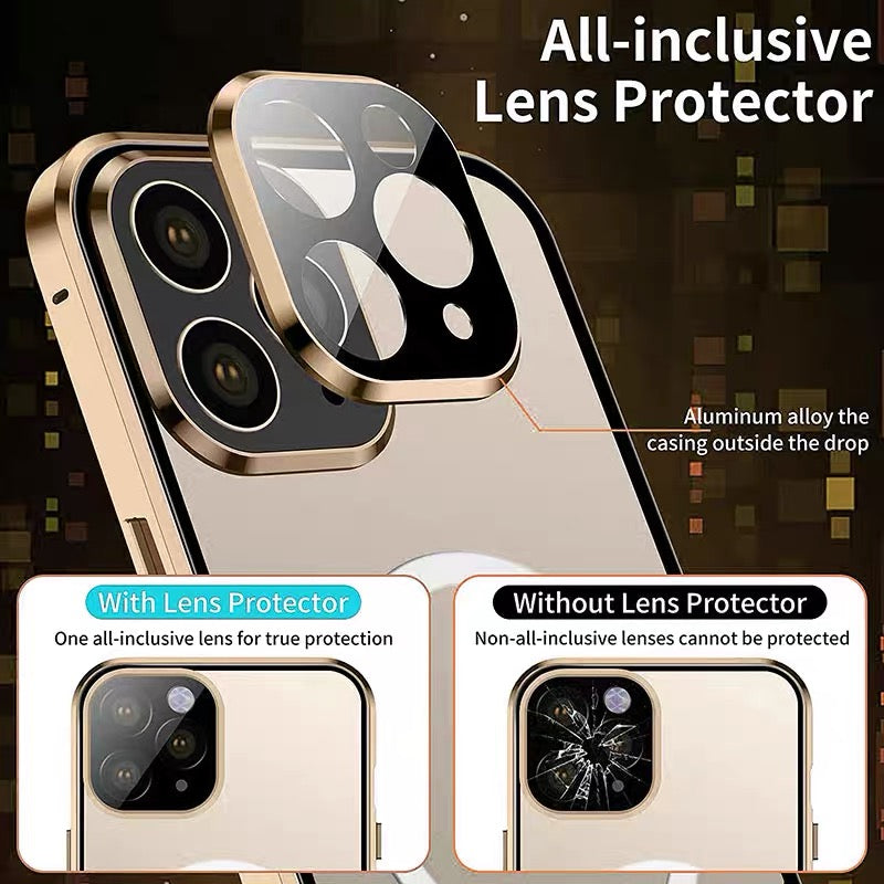 Hochwertige iPhone Hülle mit 360° Vollversiegeltem Schutz aus Glas und Metall | MagSafe-kompatible Schutzhülle mit Rundumschutz, Kameralinsenschutz für Apple iPhone 16/16e, 15, 14, 13, 12 Pro Max, Pro, Plus, Mini Cover | Panzertasche Stoßstangenabdeckung