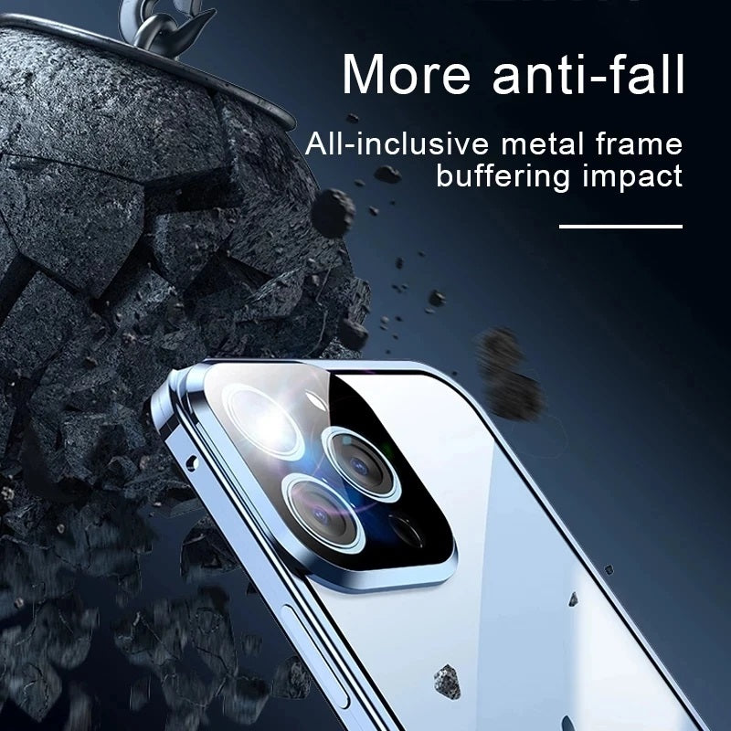 Hochwertige iPhone Hülle mit 360° Vollversiegeltem Schutz aus Glas und Metall | MagSafe-kompatible Schutzhülle mit Rundumschutz, Kameralinsenschutz für Apple iPhone 16/16e, 15, 14, 13, 12 Pro Max, Pro, Plus, Mini Cover | Panzertasche Stoßstangenabdeckung