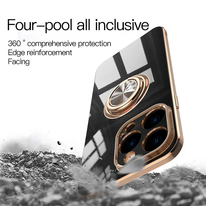 Luxus Silikon Magnetische Ringhalter und Ständer iPhone Hülle | MagSafe Case, Rundumschutz, Kameralinsenschutzabdeckung für Apple iPhone 17/17 Air, 16/16e, 15, 14, 13 Pro Max Plus Cover | Panzertasche, Stoßstangenabdeckung Handyhülle | Premium Schutzhülle