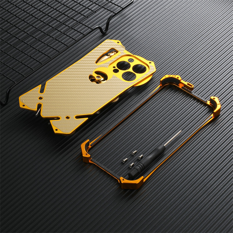 Premium Mechanisches Gaming-Design: Stoßfeste Metall-Handyhülle mit Zahnrad, Ständer und MagSafe | Aluminium-Kühlung, Schädel-Kompass-Abdeckung für Apple iPhone 16/15/14/13/12 Pro Max, Pro, Plus, e & Mini | MagSafe Case, Rundumschutz & Kameralinsenschutz