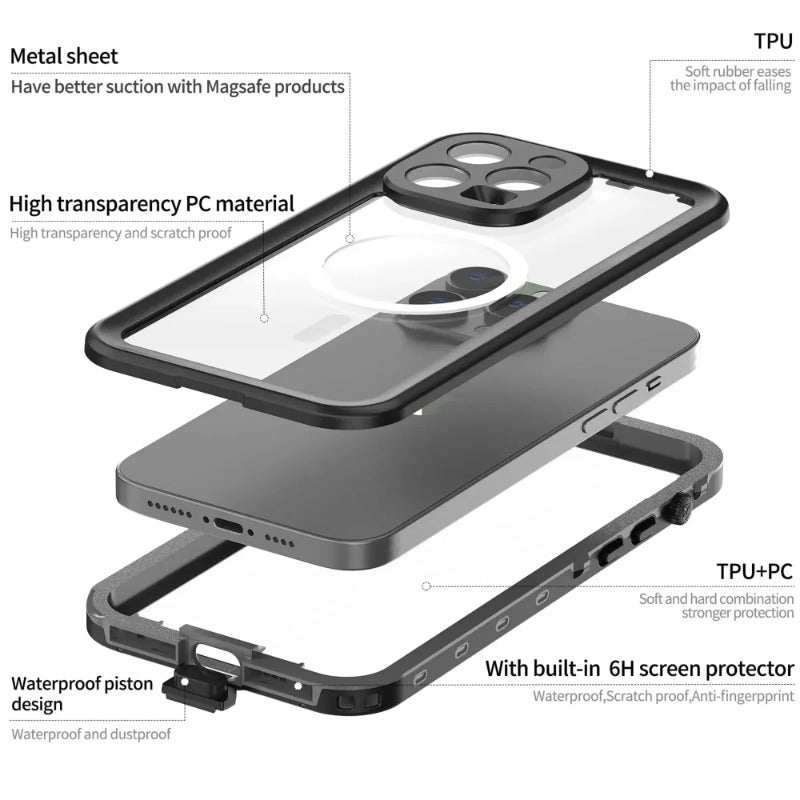 Premium IP68 Wasserdichte Magnet-Hülle mit MagSafe für Apple iPhone 16/16e, 15, 14, 13, 12 Pro Max, Pro, Plus & Mini: 360° Vollschutz Case, Militärpanzer-Design | Staubdicht, Stoßfest Cover mit Kameraschutz | Ideal für Tauchen und Schwimmen