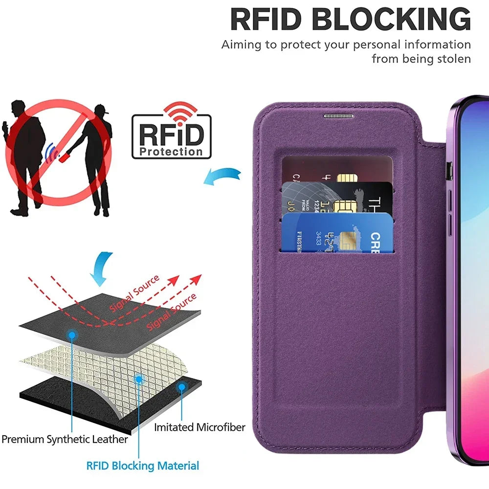 Premium Flip-Lederhülle mit Kartensteckplatz und Kartenhalter Geldbörse, Magnetische & Stoßfeste iPhone Hülle | Flip-Cover Stand Case für Apple iPhone 16/15/14/13/12 Pro Max Plus Mini Cover - Vielseitige Schutzhülle