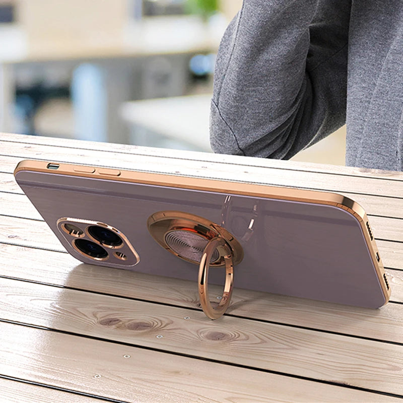 Luxus Silikon Magnetische Ringhalter und Ständer iPhone Hülle | MagSafe Case, Rundumschutz, Kameralinsenschutzabdeckung für Apple iPhone 17/17 Air, 16/16e, 15, 14, 13 Pro Max Plus Cover | Panzertasche, Stoßstangenabdeckung Handyhülle | Premium Schutzhülle