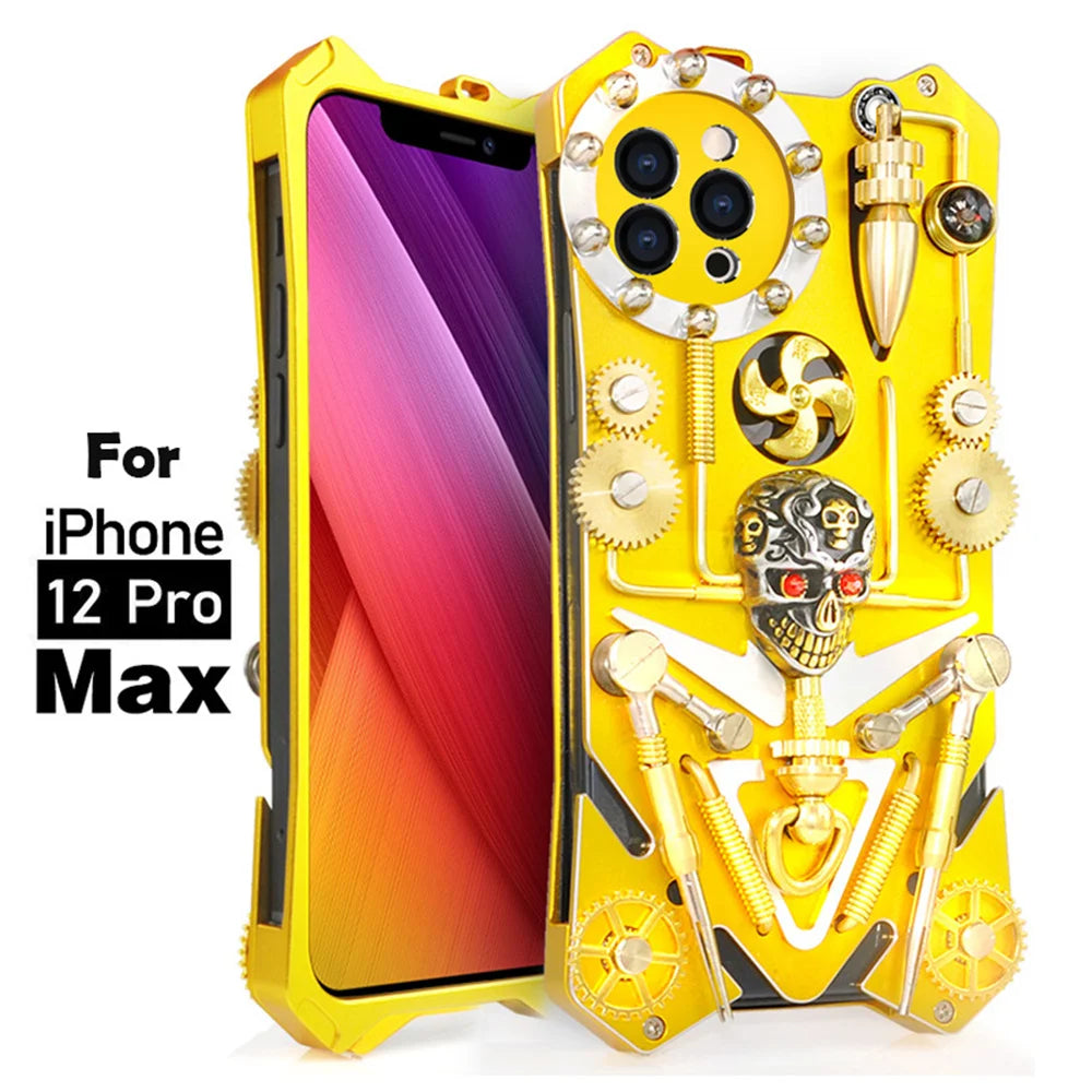 Premium Mechanisches Gaming-Design: Stoßfeste Metall-Handyhülle mit Zahnrad, Ständer und MagSafe | Aluminium-Kühlung, Schädel-Kompass-Abdeckung für Apple iPhone 16/15/14/13/12 Pro Max, Pro, Plus, e & Mini | MagSafe Case, Rundumschutz & Kameralinsenschutz